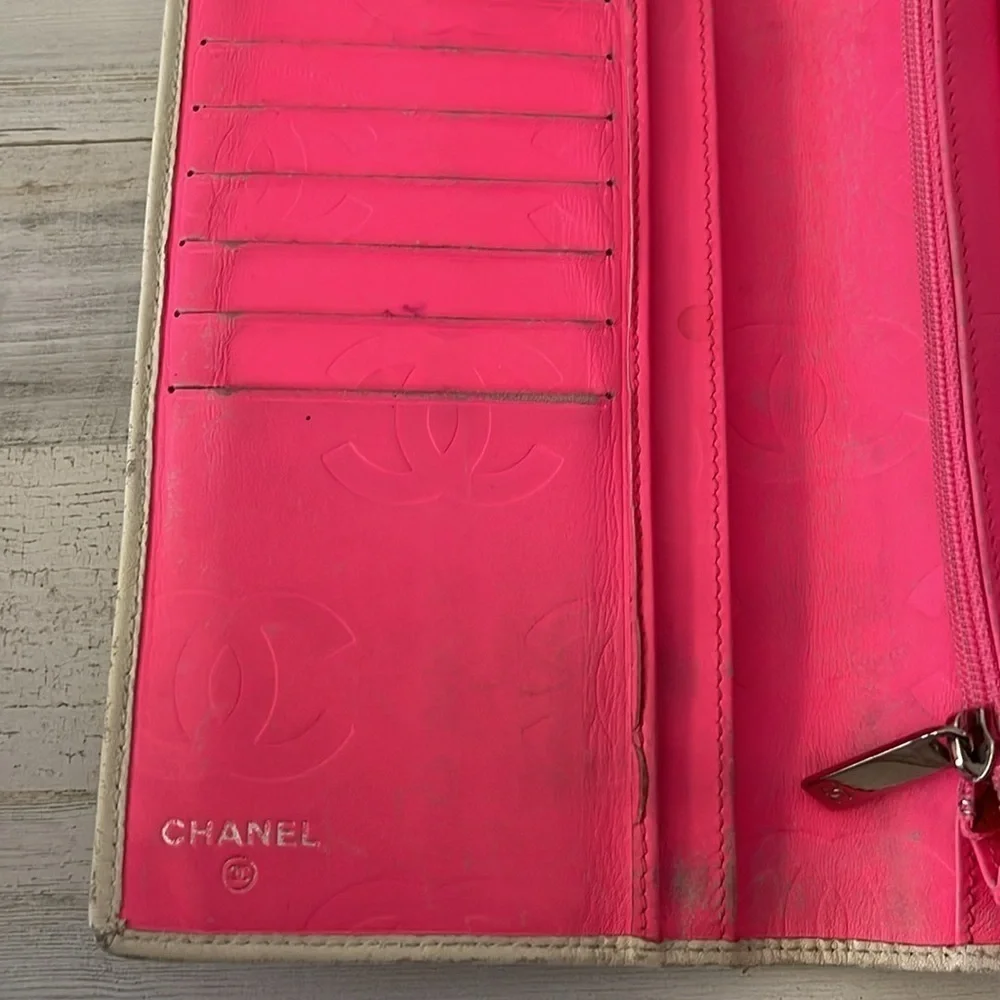 CHANEL Cambon Long Wallet White Quilted Leather Black CC Pink Interior